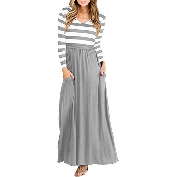 Dresses & Skirts - Long Sleeve Striped V Neck Maxi in Grey